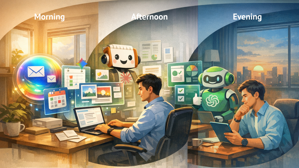 AI workflow timeline showing how solopreneurs use ChatGPT, Gemini, and Claude throughout the day in 2026