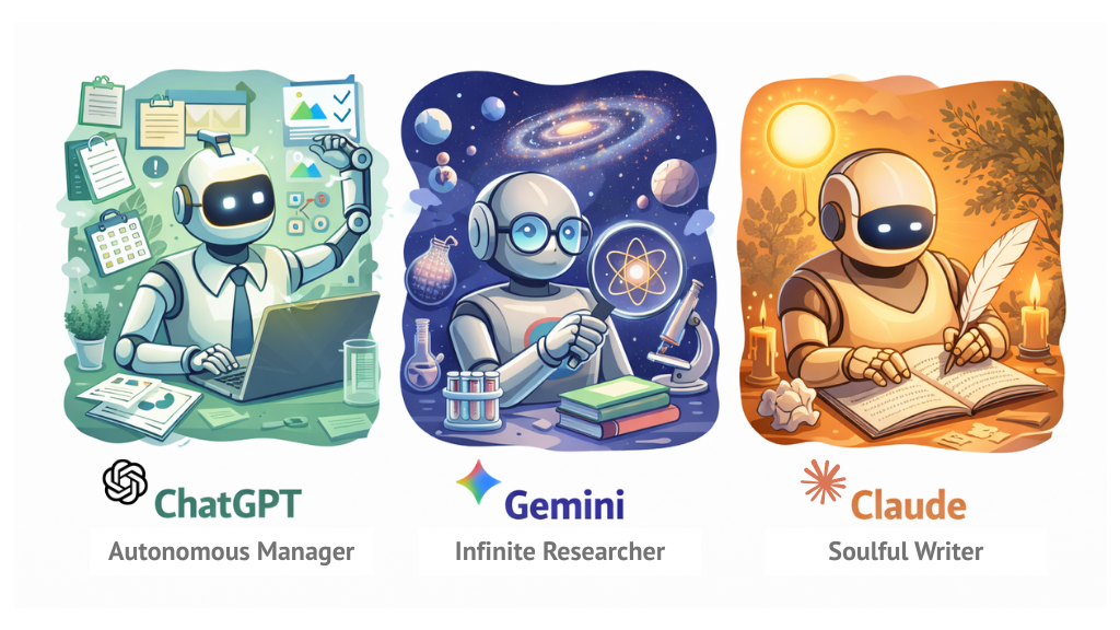ChatGPT vs Gemini vs Claude comparison showing automation, research, and creative strengths in 2026