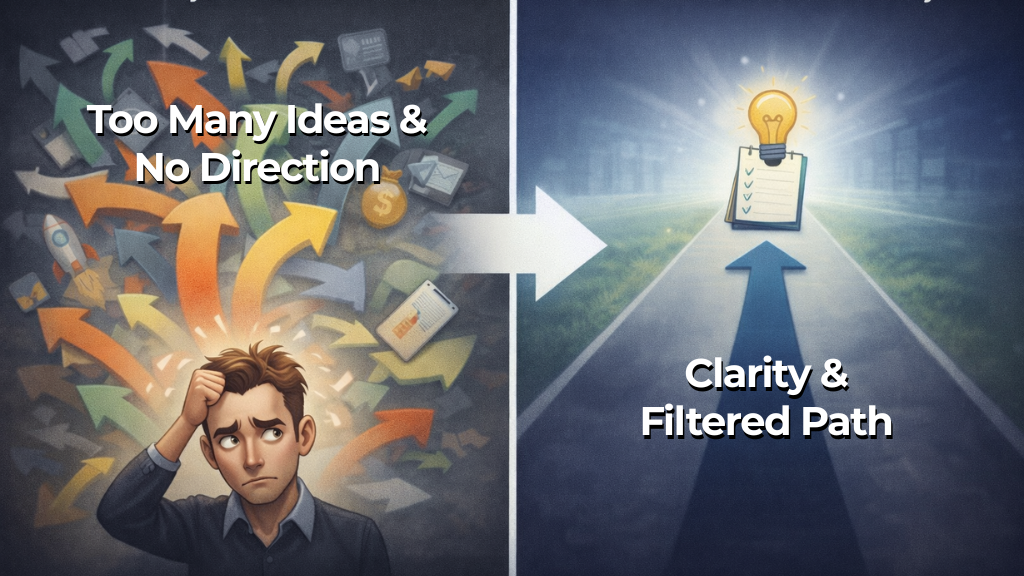 Decision fatigue from too many business ideas without filtering criteria