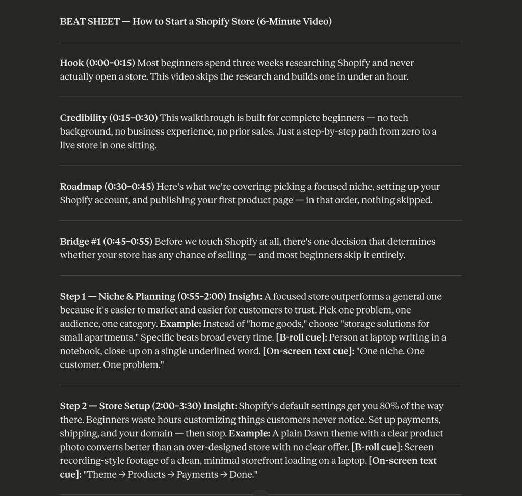 Claude-generated beat sheet for a faceless YouTube script template used by solopreneurs